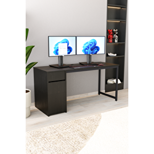 Siyah 160x60 Cm Çalışma Masası, Bilgisayar Masası, Ofis Masası Çekmeceli, Dolaplı, Raflı - Kes-ss-160