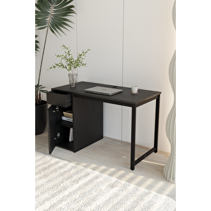 Siyah 120x60 Çalışma Masası, Dolaplı, Raflı, Çekmeceli, Bilgisayar Masası, Metal Ayaklı - Kes-ss-120