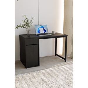 Siyah 120x60 Çalışma Masası, Dolaplı, Raflı, Çekmeceli, Bilgisayar Masası, Metal Ayaklı - Kes-ss-120