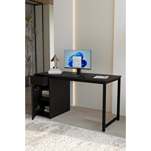 Siyah 140x60 Cm Çalışma Masası, Bilgisayar Masası, Ofis Masası Çekmeceli, Dolaplı, Raflı - Kes-ss-140