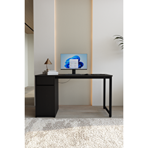 Siyah 140x60 Cm Çalışma Masası, Bilgisayar Masası, Ofis Masası Çekmeceli, Dolaplı, Raflı - Kes-ss-140