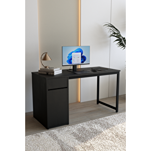 Siyah 140x60 Cm Çalışma Masası, Bilgisayar Masası, Ofis Masası Çekmeceli, Dolaplı, Raflı - Kes-ss-140