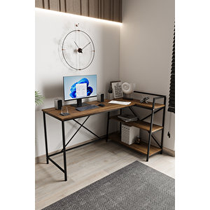 Çam/siyah Çift Yön Kullanıma Uygun, Raflı Çalışma Masası, Bilgisayar Masası, L Masa, Metal Ayaklı - Cs-l