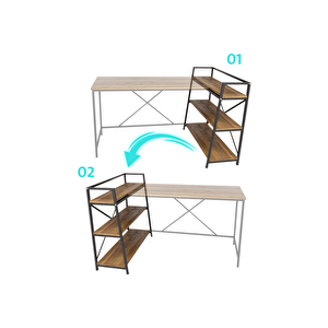 Çam/siyah Çift Yön Kullanıma Uygun, Raflı Çalışma Masası, Bilgisayar Masası, L Masa, Metal Ayaklı - Cs-l