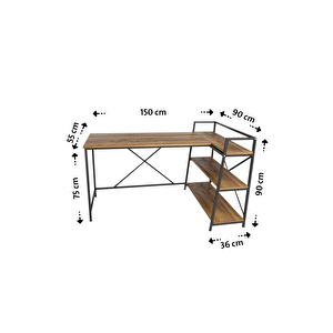 Çam/siyah Çift Yön Kullanıma Uygun, Raflı Çalışma Masası, Bilgisayar Masası, L Masa, Metal Ayaklı - Cs-l