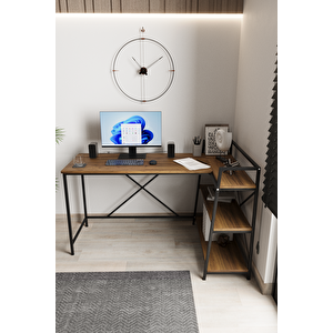 Çam/siyah Çift Yön Kullanıma Uygun, Raflı Çalışma Masası, Bilgisayar Masası, L Masa, Metal Ayaklı - Cs-l