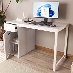 Beyaz 60x120 Cm Çalışma Masası, Bilgisayar Masası, Ofis Masası Çekmeceli, Dolaplı, Raflı - Kes-bb-120