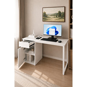 Beyaz Çekmeceli Kapaklı 120 Cm Çalışma Masası, Bilgisayar Masası, Ofis Masası, Metal Ayaklı, Raflı, Kesonlu