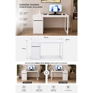 Beyaz Çekmeceli Kapaklı 120 Cm Çalışma Masası, Bilgisayar Masası, Ofis Masası, Metal Ayaklı, Raflı, Kesonlu