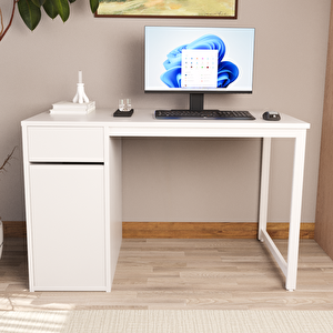 Beyaz 60x120 Cm Çalışma Masası, Bilgisayar Masası, Ofis Masası Çekmeceli, Dolaplı, Raflı - Kes-bb-120