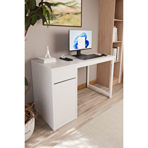 Beyaz 60x120 Cm Çalışma Masası, Bilgisayar Masası, Ofis Masası Çekmeceli, Dolaplı, Raflı - Kes-bb-120
