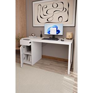 Beyaz 140x60 Cm Çalışma Masası, Bilgisayar Masası, Ofis Masası Çekmeceli, Dolaplı, Raflı - Kes-bb-140
