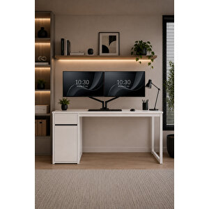 Beyaz Çekmeceli Kapaklı 140 Cm Çalışma Masası, Bilgisayar Masası, Ofis Masası, Metal Ayaklı, Raflı, Kesonlu