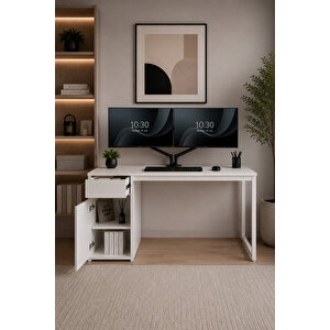 Beyaz Çekmeceli Kapaklı 140 Cm Çalışma Masası, Bilgisayar Masası, Ofis Masası, Metal Ayaklı, Raflı, Kesonlu