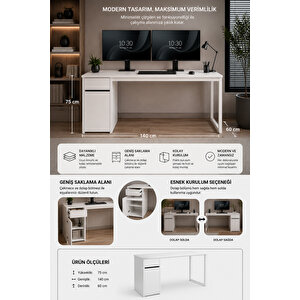 Beyaz Çekmeceli Kapaklı 140 Cm Çalışma Masası, Bilgisayar Masası, Ofis Masası, Metal Ayaklı, Raflı, Kesonlu