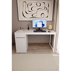 Beyaz 140x60 Cm Çalışma Masası, Bilgisayar Masası, Ofis Masası Çekmeceli, Dolaplı, Raflı - Kes-bb-140