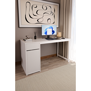 Beyaz 140x60 Cm Çalışma Masası, Bilgisayar Masası, Ofis Masası Çekmeceli, Dolaplı, Raflı - Kes-bb-140