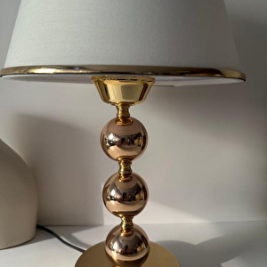 Elegance Gold Metal Ayaklı Şeritli Kumaş Başlık Abajur Dekoratif Gece Lambası