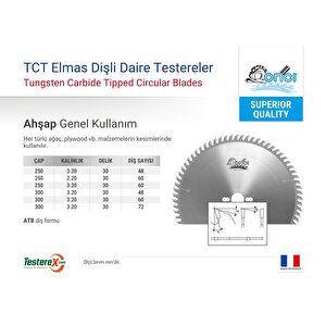 Onci 250x3.2x30mm 60atb Diş Ahşap Kesici - Tct Elmas Daire Testere (kontrplak, Kereste Ve Ağaç Türü)