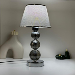 Mooncher Cam Gövdeli Krom Metal Abajur Gümüş Şeritli Gri Kumaş Başlık Gece Lambası Krom Gri