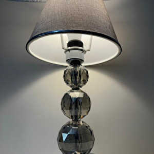 Mooncher Cam Gövdeli Krom Metal Abajur Gümüş Şeritli Gri Kumaş Başlık Gece Lambası Krom Gri