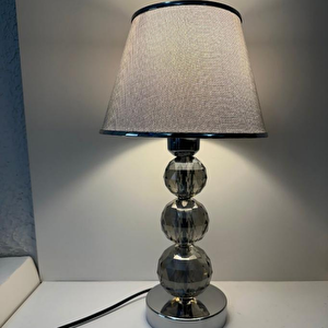 Mooncher Cam Gövdeli Krom Metal Abajur Gümüş Şeritli Gri Kumaş Başlık Gece Lambası Krom Gri