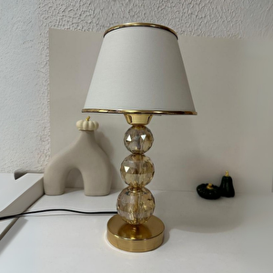 Mooncher Cam Gövdeli Gold Metal Abajur Altın Şeritli Krem Kumaş Başlık Gece Lambası Gold Krem