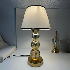 Mooncher Cam Gövdeli Gold Metal Abajur Altın Şeritli Krem Kumaş Başlık Gece Lambası Gold Krem