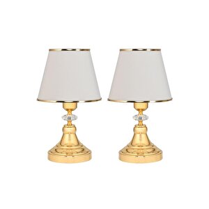 Art Deco Tarz Kristal Taş Süslü Metal Ayak Ve Gold Şeritli Krem Başlık 2'li Abajur Seti İki Adet Açık Krem