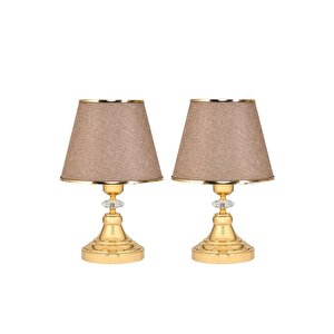 Art Deco Tarz Kristal Taş Süslü Metal Ayak Ve Gold Şeritli Kumbeji Başlık 2'li Abajur Seti İki Adet Bej