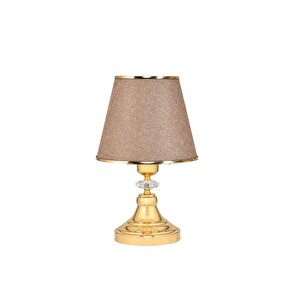 Art Deco Tarz Kristal Taş Süslü Metal Ayak Ve Gold Şeritli Kumbeji Başlık 2'li Abajur Seti İki Adet Bej