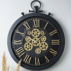 Perfetto Hareketli Çarklı Siyah Kasa 55x55cm Sessiz Mekanizmalı Vintage Duvar Saati Pods-55