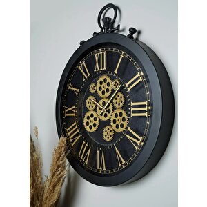 Perfetto Hareketli Çarklı Siyah Kasa 55x55cm Sessiz Mekanizmalı Vintage Duvar Saati Pods-55