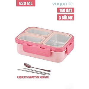 Lunch Box 620 Ml Tek Kat Üç Bölmeli Metal Kaşıklı Yeni Nesil Sefer Tası Pembe