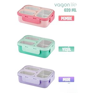 Vagonlife Lunch Box 620 Ml Tek Kat Üç Bölmeli Metal Kaşıklı Yeni Nesil Sefer Tası Pembe