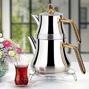 Lines L-3091 Naz Aile Boy Çelik Çaydanlık Takımı Altın Desenli Kulp