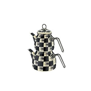 Burak Siyah-beyaz Damalı Emaye Çaydanlık Siyah Kulplu