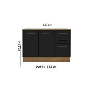 Yale Mutfak Alt Modül 3 Çekmeceli -2 Kapaklı-120 Cm -tezgah Dahil