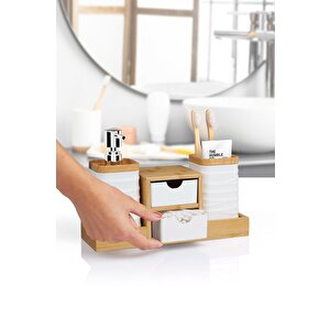 Beyaz Bambu Çekmeceli Sıvı Sabunluk Ve Diş Fırçalıklı Banyo Organizeri