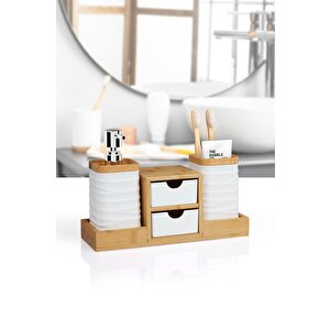 Beyaz Bambu Çekmeceli Sıvı Sabunluk Ve Diş Fırçalıklı Banyo Organizeri
