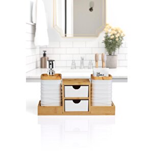 Okyanus Home Beyaz Bambu Çekmeceli Sıvı Sabunluk Ve Diş Fırçalıklı Banyo Organizeri