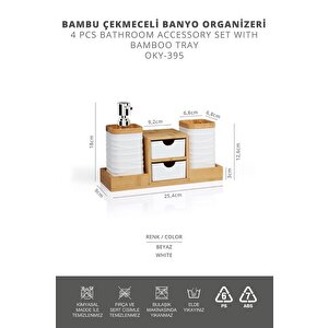 Okyanus Home Beyaz Bambu Çekmeceli Sıvı Sabunluk Ve Diş Fırçalıklı Banyo Organizeri