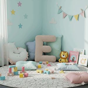 Litera, E Harfi, Yastık, Kırlent, Elyaf Dolgulu, Welsoft Kumaş, 40 Cm