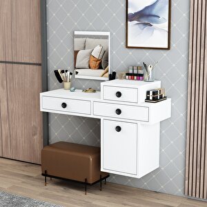 Hira Aynalı 3 Çekmeceli 1 Dolaplı Makyaj Masası Beyaz