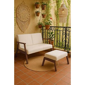 Pavia Çay Seti Ceviz Ahşap, Kırık Beyaz (1 Adet Iki̇li̇ Berjer 1 Adet Puf) Balkon,kafe,bahçe Mobilyası Kırık Beyaz