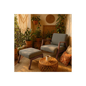 Pavia Çay Seti Ceviz Ahşap ,gri (1 Adet Tekli̇ Berjer 1 Adet Puf) Kafe,ofis,balkon Mobilyası Gri
