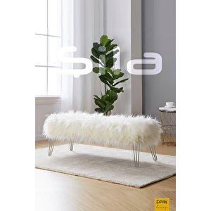 Şila Bench Beyaz Peluş - Silver Ayaklı 90 Cm