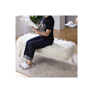 Şila Bench Beyaz Peluş - Silver Ayaklı 90 Cm