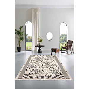Zeminde Çizgisel Bahar Siyah Beyaz Çiçekli Kaymaz Taban Halı 180x280 cm