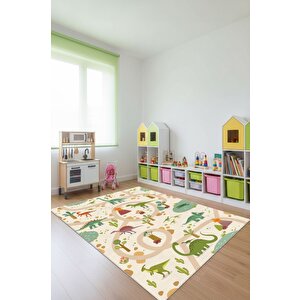 Dinozorlarla Dolu Bir Oyun Dünyası Çocuk Halısı- Kaymaz Taban